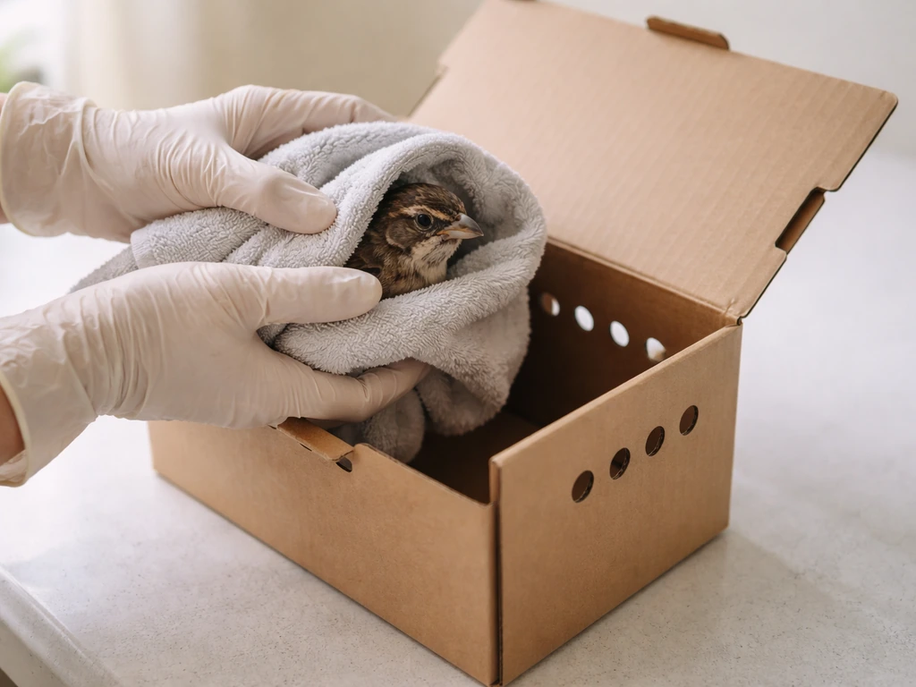 Gloved hands gently wrap a small bird in a light towel and place it into a ventilated transport box