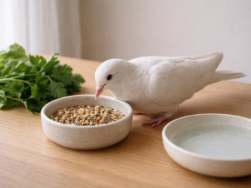A pet dove eating an appropriate seed mix with fresh greens and water nearby