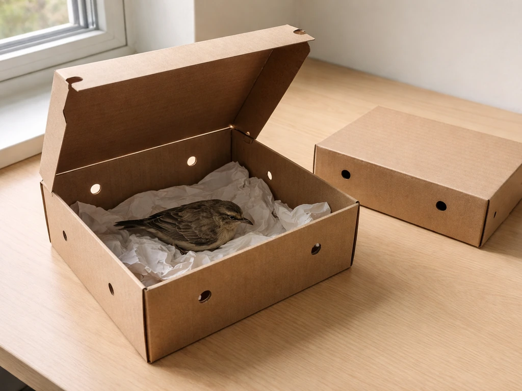 A small bird resting inside a ventilated cardboard box with soft paper bedding