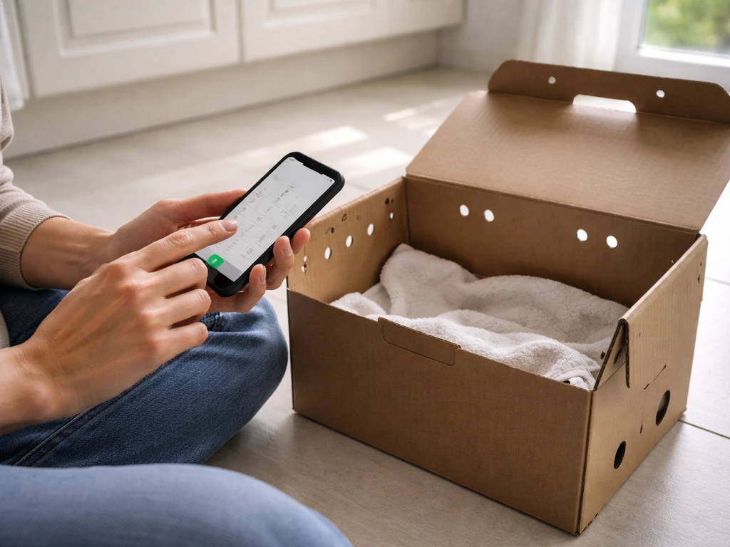 Person’s hands dialing a phone with an open transport box ready nearby, no animal visible.