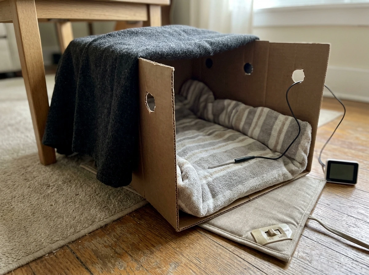 Heating pad on low providing warmth under a covered bird housing box