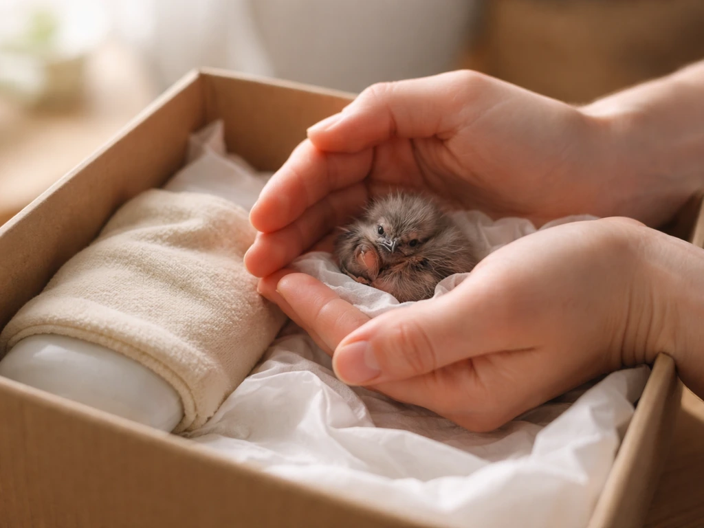 Gentle rescuer hands cradling a tiny newborn bird in a lined warm box for safe first aid.