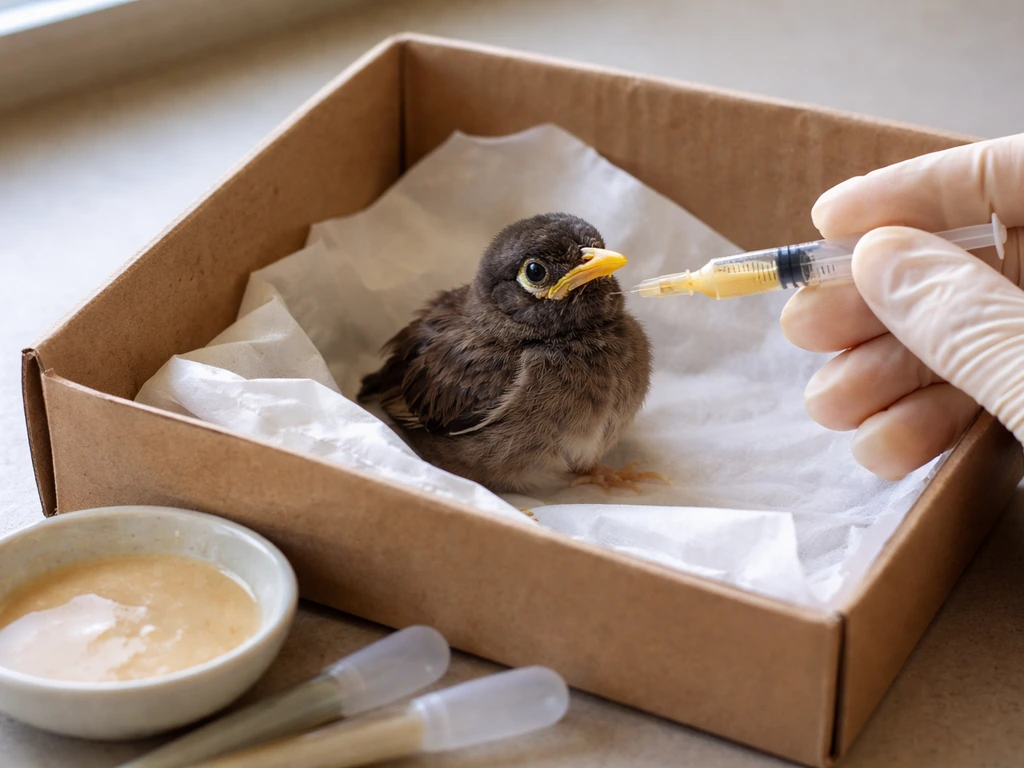 Small rescued myna-type (maya) bird in a clean recovery box being gently fed with a syringe and formula.