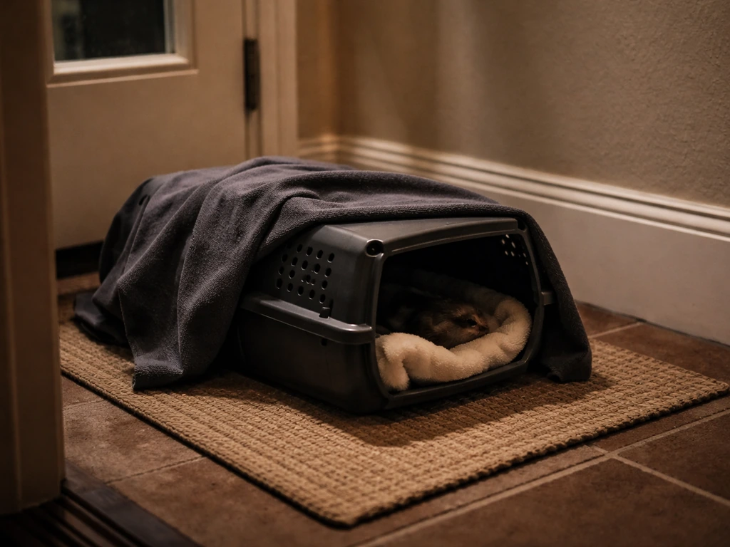 Dimly lit safe recovery box with a covered injured bird at night, ready for first aid
