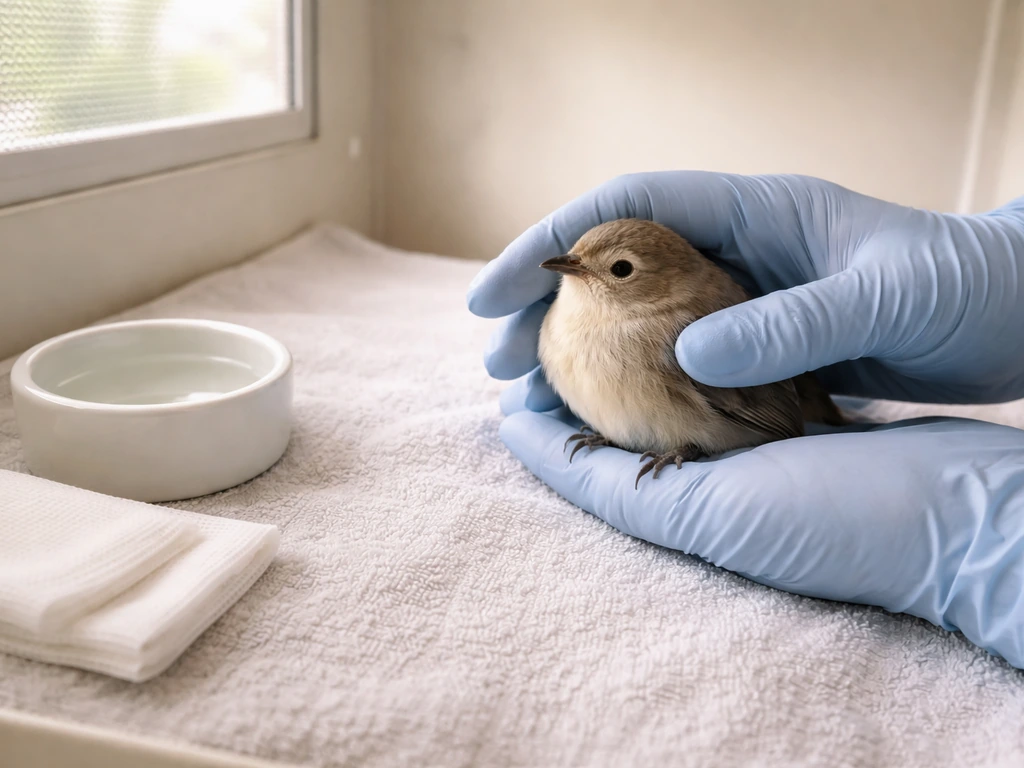 Gloved hands gently and safely caring for a calm small bird in a clean ventilated recovery setup.