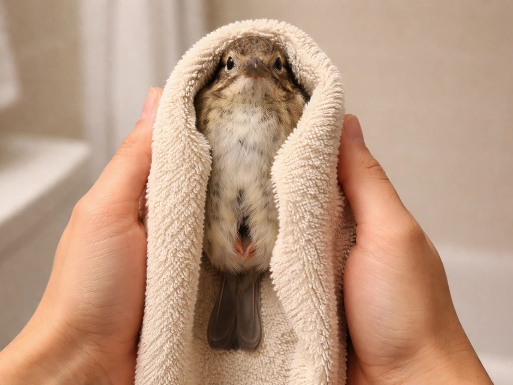 Small bird upright in a warm towel, vent area accessible, handler’s hands gently holding it