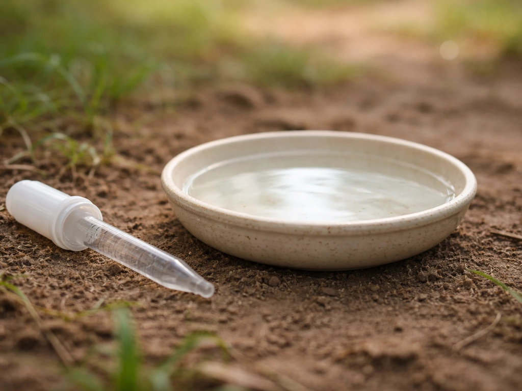 Shallow dish of water next to an empty dropper, signaling water is usually not offered right away.