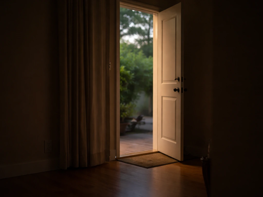 Open doorway with bright outdoor light and a dim room interior, guiding a bird to exit