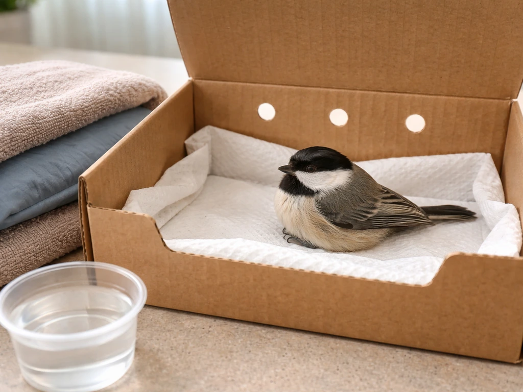 Small bird resting in a ventilated cardboard box with a warm heating pad nearby for dehydration first aid.